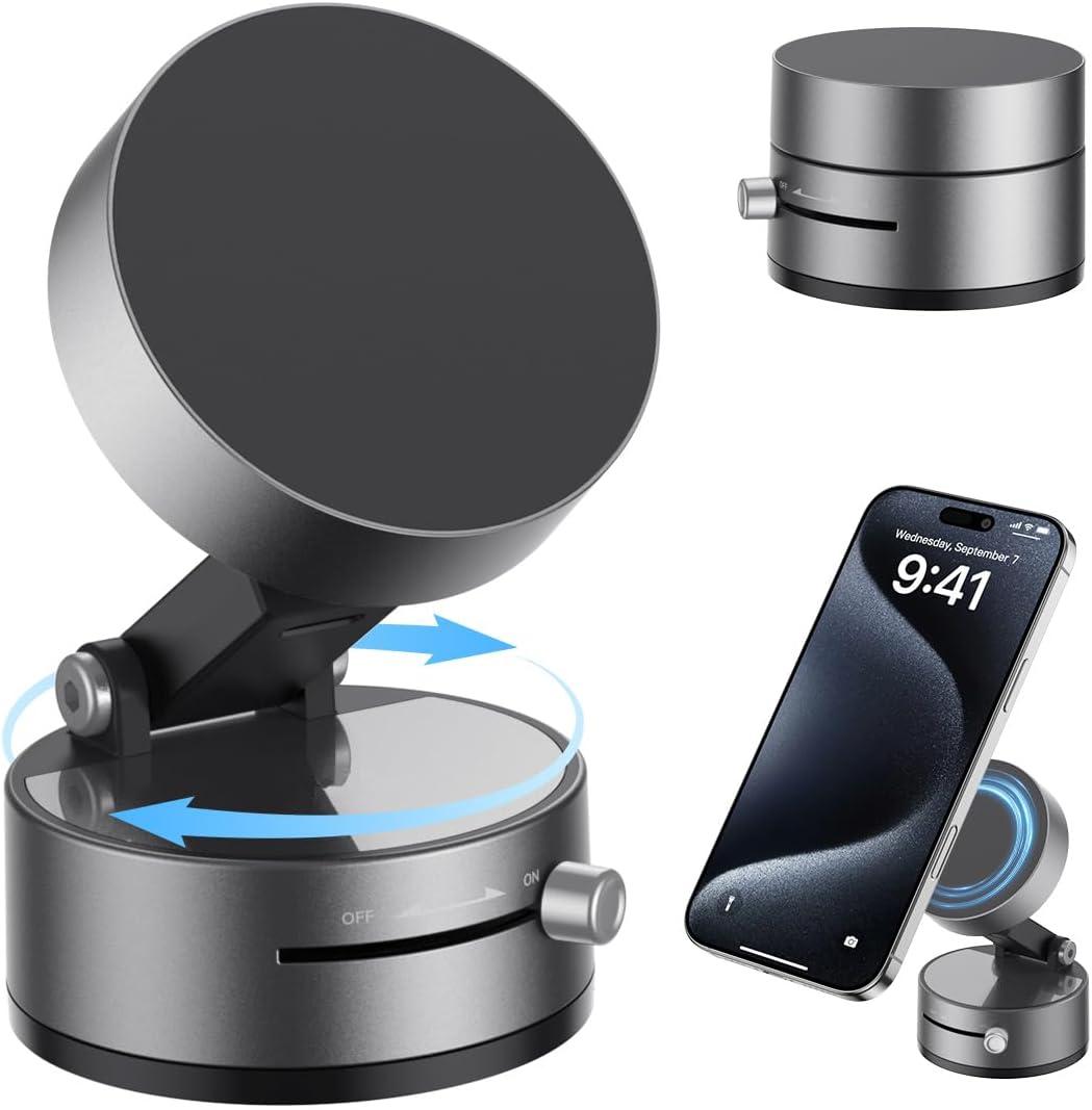 Vacuum Magnetic Suction Phone Holder,Upgraded 360 Adjustable Suction Cup Car Phone Mount,Hands-Free Cell Phone Holder for Car/Gym/Mirror/Smooth Surface,Compatible with iPhone 16/15/14/13/12 Series