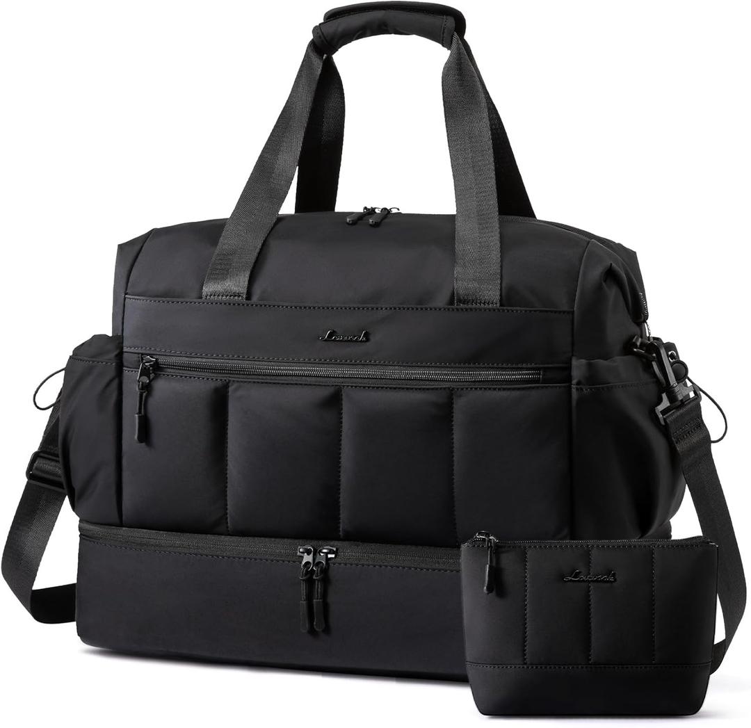 LOVEVOOK Weekender Bags for Women, Travel Duffel Bag, Large Overnight Bags with Shoe Compartment, 38L Carry on Gym Hospital Bag with Wet Pocket, 2 Pcs (Black)