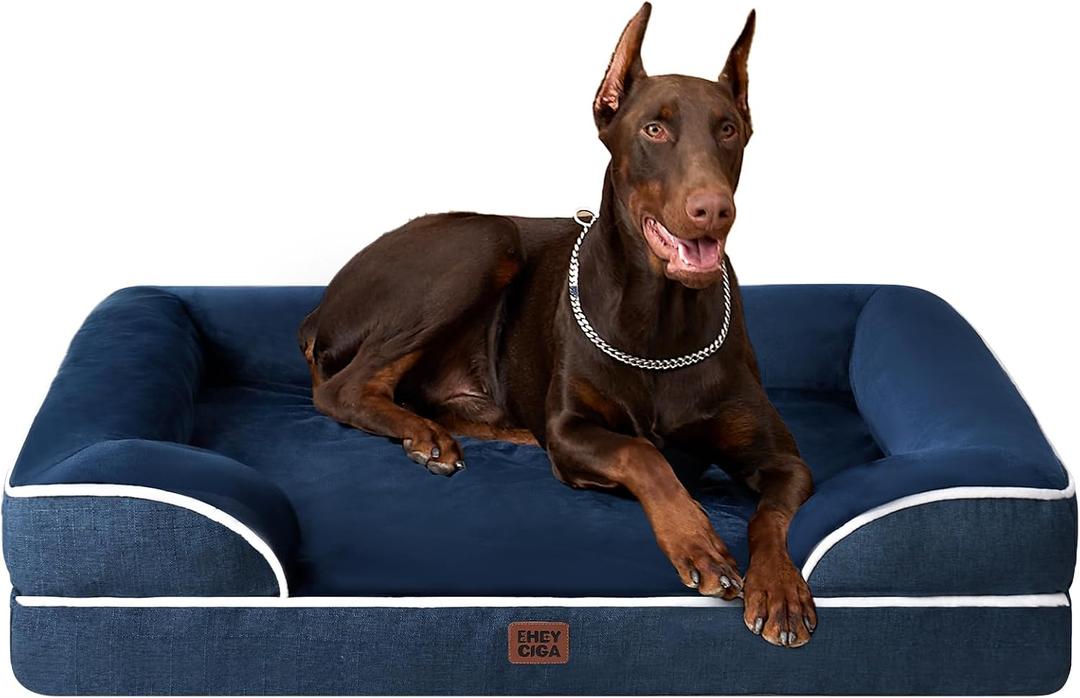 EHEYCIGA Orthopedic Dog Beds for Extra Large Dogs, Waterproof Memory Foam XXL Dog Bed with Sides, Non-Slip Bottom and Egg-Crate Foam Big Pet Couch Bed with Washable Removable Cover, Navy, 52.0"l X 41.0"w X 8.0"th