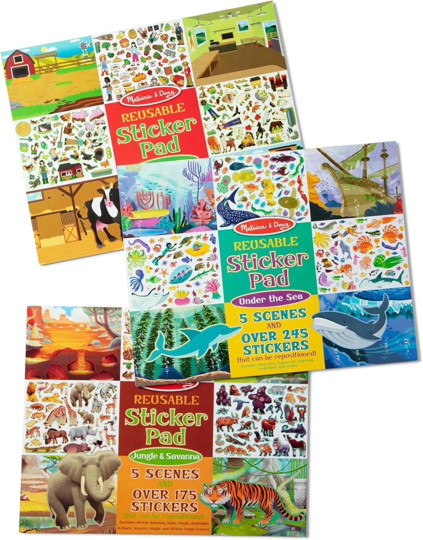 Melissa & Doug Reusable Sticker Pad Bundle - Jungle, Farm & Under The Sea