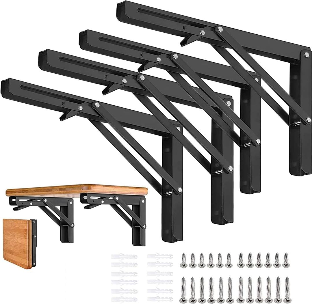Folding Shelf Brackets 24 inch 4 Pcs - DIY Wall Mounted Shelf Bracket for Garage Workstation, Stuff Supports, Plant Stand - Heavy Duty Metal Collapsible Floating Shelf Bracket Black