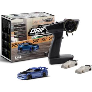 Turbo Racing 1:76 Scale Drift RC Car with Gyro Mini Full Proportional RTR 2.4GHZ Remote Control with 2 Replaceable Body Shell (C64-BLUE)
