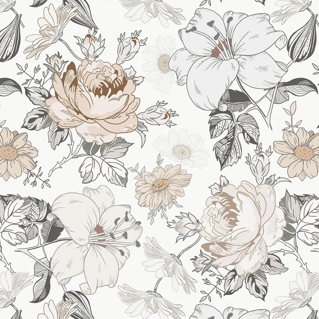 Hopepak Floral Peel and Stick Wallpaper for Bedroom Modern Farmhouse Flower Wall Paper Self Adhesive Removable Contact Paper for Cabinets Bathroom Nursery Shelf Drawer 15.5'' x 78.7'' (White & Beige)