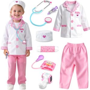 Lehoo Castle Doctor Costume for Kids, Doctor Dress Up and Play Set 8 PCS with Stethoscope, Role Play Costume for Toddlers (5-6 Years, Pink)