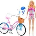 Barbie Doll and Bike Playset with Doll (11.5 in, Blonde), Bicycle with Rolling Wheels & Water Bottle Accessory, Gift for 3 to 7 Year Olds