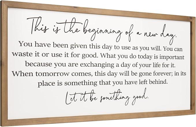 This Is The Beginning Of A New Day Wall Decor 32"x12" Modren Large Farmhouse Living Room Inspirational Wood Framed Art Sign Office Home Inspiring Positive Quote Family Decoration (Black)