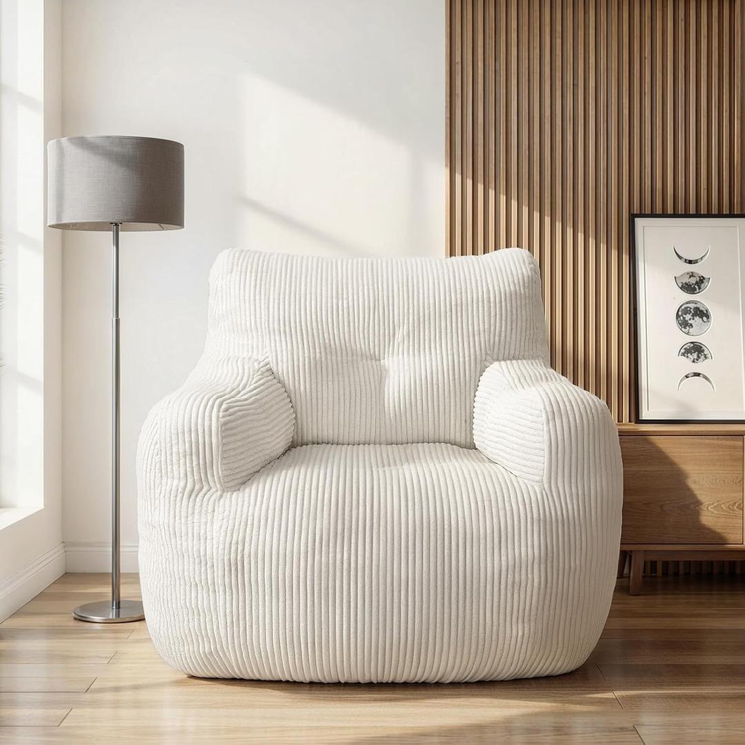 Cvortll Bean Bag Chair, Bean Bag Chair for Adults, Fluffy and Comfy Bean Bag with Filler, Bean Bag Sofa Chair for Reading, Gaming, Stuffed High-Density Foam(Beige-Corduroy), Standard