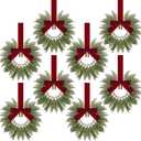 Dingion 8 Pcs 9.8" Small Christmas Cabinets Wreaths Mini Wreaths for Kitchen Window Chair Backs with Ribbon Bell Artificial Greenery for Farmhouse Holiday Decoration(Velvet,Classic,Deep Red)