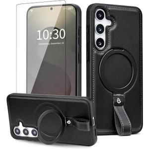 for Samsung Galaxy S25 Case Leather with Stand, Anti-Slip Shockproof Loop, Compatible with MagSafe, Magnetic Protective Galaxy S25 Leather Case, Black (S25-6.2inch)