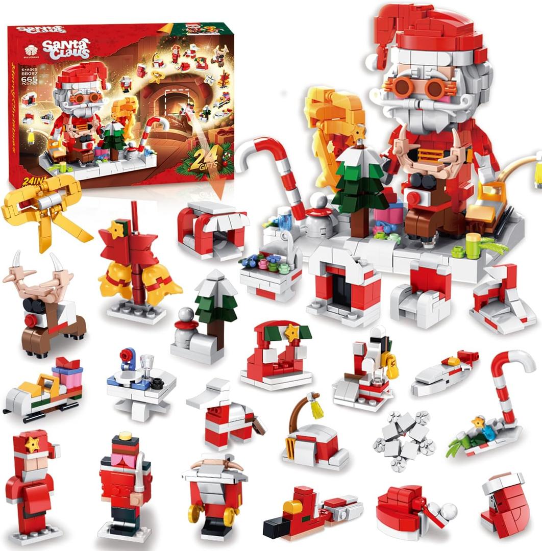 Christmas Santa Building Blocks Advent Calendar 2025 - Lego-Compatible 24 Days Holiday Countdown Calendar Building Blocks, Santa Claus Christmas Party Favors, Xmas Stocking Stuffers for Kids Boys Girls