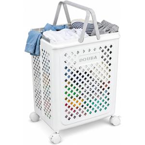 49L Collapsible Laundry Baskets, Plastic Laundry Hamper with Handles, Foldable Laundry Bin, Laundry Basket with Wheels for Laundry Room Organization, Ideal for Clothes, Towels, Blankets, White, 14.2 x 11 x 19.3 inches