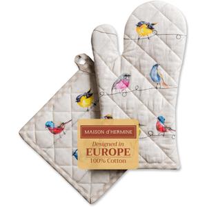 Maison d' Hermine 100% Cotton Oven Mitt & Pot Holder Set (7.5"x13" & 8"x8") Heat Resistant BBQ Cooking Gloves with Loop, Baking, Grilling, Kitchen, Handling Hot Pans Spring/Summer (Birdies On Wire)
