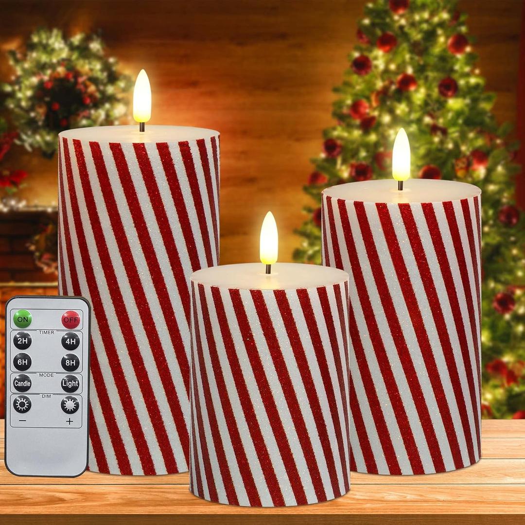Yongmao Christmas Flickering Red Stripes Glitter Flameless Candles, Battery Operated Pillar Real Wax LED Electric Candle with Remote Timer for Home Christmas Party Decor D3 x H4 5" 6" Set of 3