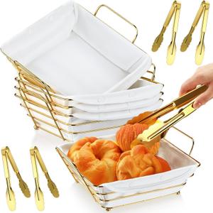 4 Pack Wire Bread Basket Set Metal Square Serving & Storage Container with Removable Liner and Tongs Must-have for Serving Dinner Feast(Gold,26.5 * 23 * 10 cm,Fresh)