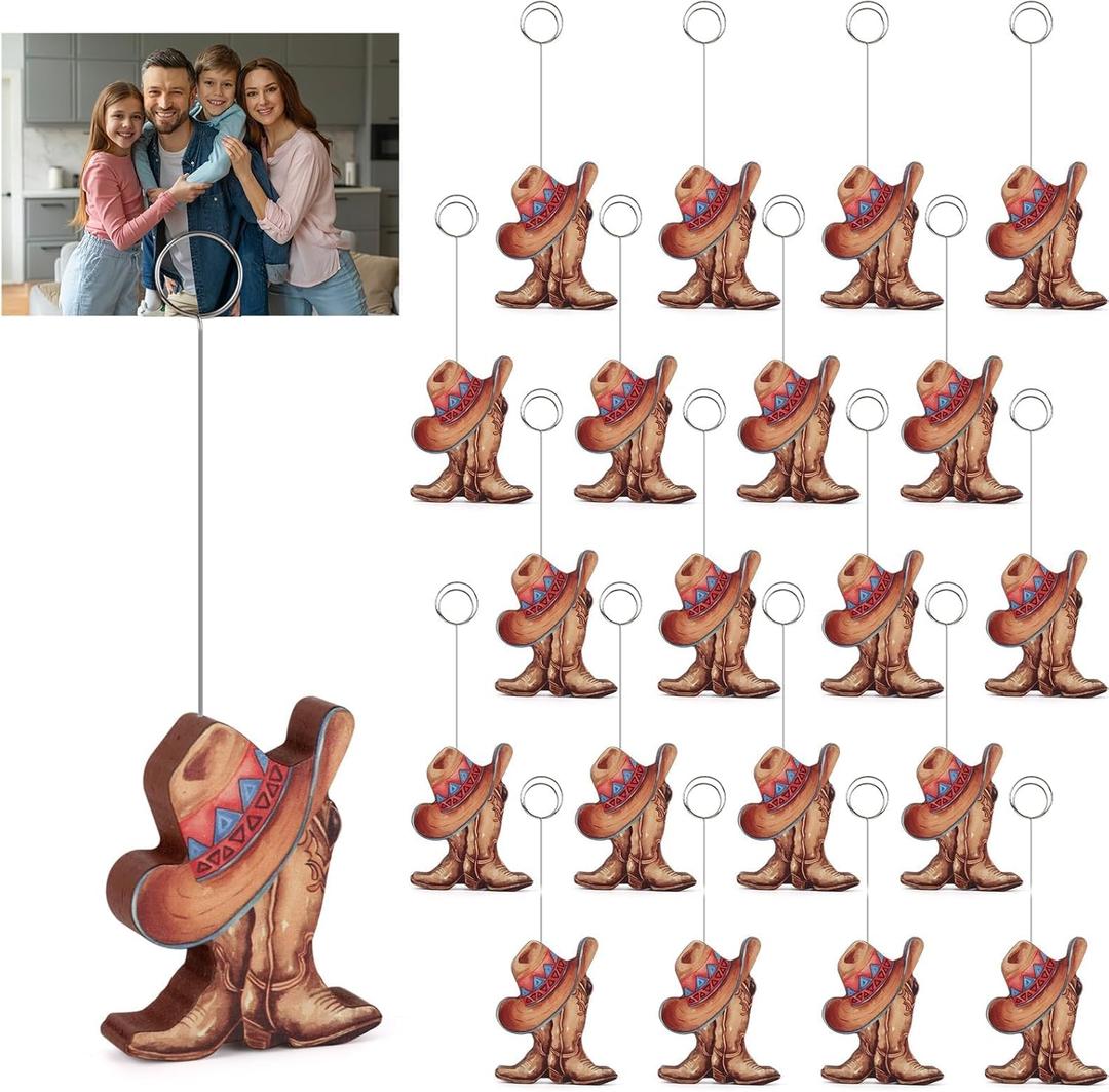 YLOLUL 20 Pcs Cowboy Boots Photo Holder Wooden Table Number Holders Cowboy Balloon Place Card Holder Cute Picture Number Sign Stands for Western Party Birthday Wedding Anniversary Party
