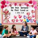 74 Pcs Valentines Christian Bulletin Board Decoration, We Love Because He First Loved US 1 John 4:19 Bible Verse with Pink Heart Cross Cutouts Honeycombs for Sunday School Church Classroom
