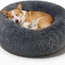 Dog Calming Beds for Small Medium Large Dogs - Round Donut Washable Puppy Dog Bed, Anti-Slip Faux Fur Fluffy Donut Cuddle Anxiety Cat Pet Bed(32" Dark Grey)