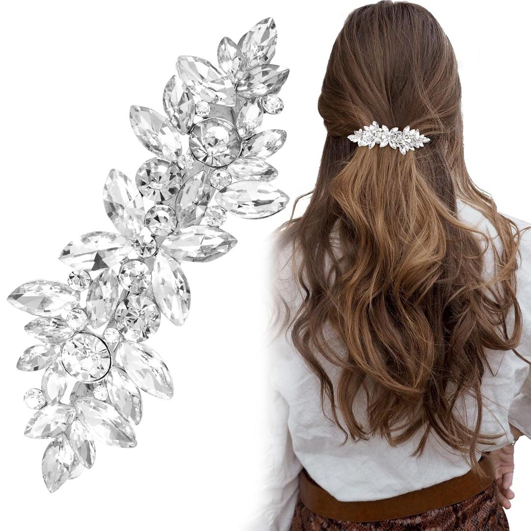 Joez Wonderful Rhinestone Hair Clips, Silver Bridal Hair Accessories for Women, Sparkly Crystal Hair Pins, Fancy Flower Hair Barrettes for Wedding, Bride, Long Hair (1 Pcs)