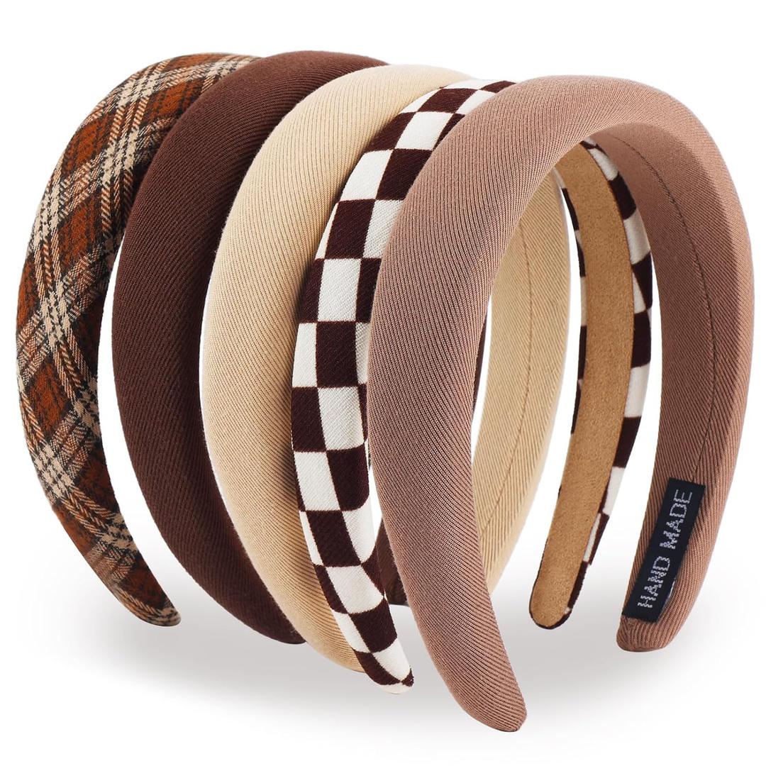 5Pcs Padded Headbands for Women & Girls - Black & Brown Cute Boho Wide & Thin Chunky Fashion Soft Headbands for Makeup, Spa & Washing Face