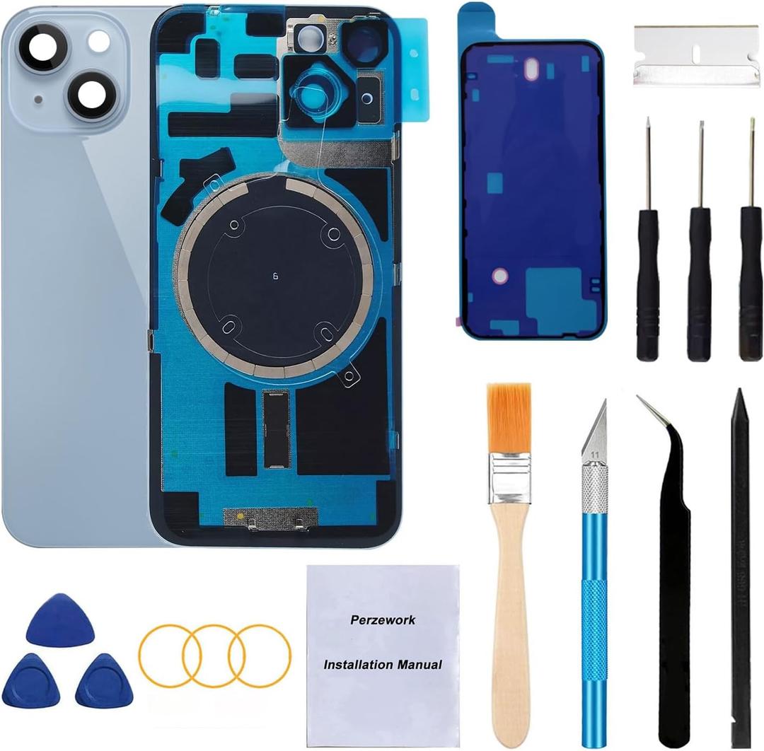 Rear Back Glass Replacement for iPhone 14 6.1-inches with + Pre-Installed Plate and Camera Frame and Lens + Reparing Tool Kit (Blue)