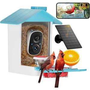 Bird Feeder with Camera 2K HD AI Smart Identify BirdSpecies Solar Panel Outdoors Birdhouse with Cam, Instant Arrival Alerts, Capture BirdVideo, Gifts for Mom Dad (Blue)