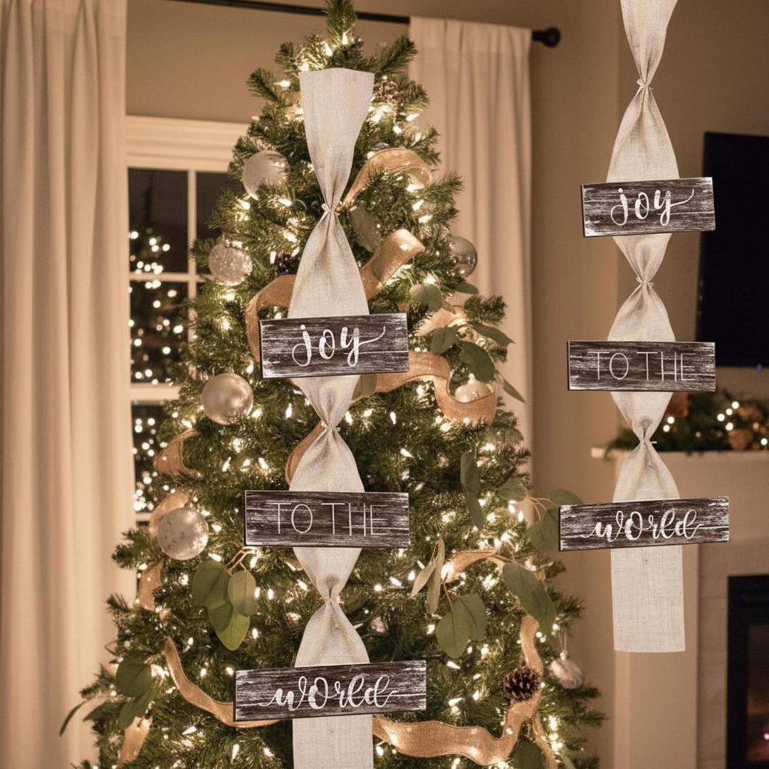Farmhouse Christmas Decorations with Long Burlap Rustic Plaque Joy to The World Christmas Tree Decorations Large Xmas Wood Tree Hanging Ornaments Sign for Holiday Party Decorative Supplies