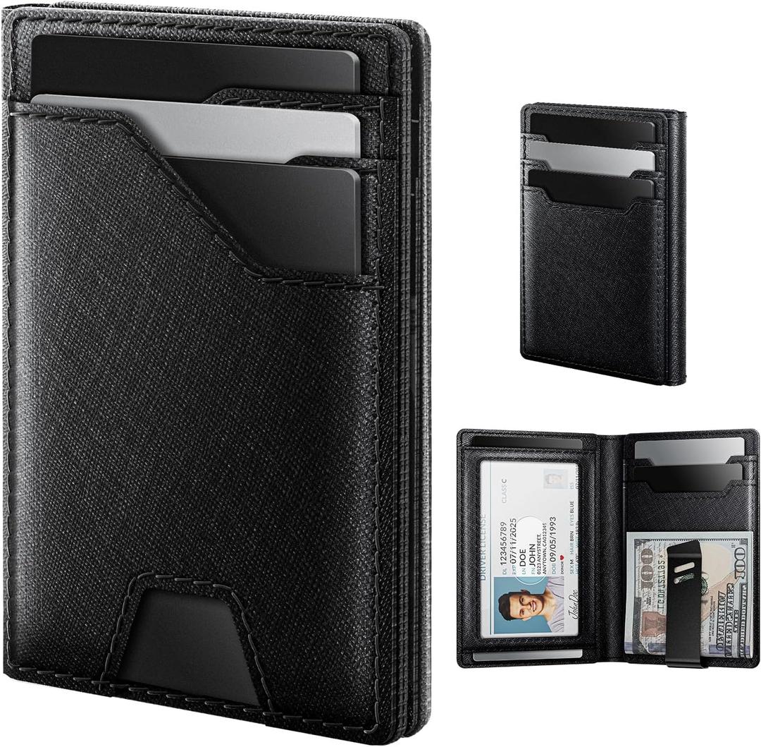 typecase Leather Wallet for Men Card Holder: Premium Genuine Leather, RFID Blocking, Slim, Minimalist, Front Pocket - 15 Cards Capacity | ID Window | Money Clip (Black)