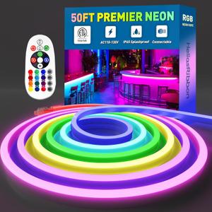 50FT RGB LED Neon Rope Lights Remote Control, AC 110-120V Outdoor Color Changing Neon Strip IP65 Waterproof, Connectable and Cuttable, for Home Commercial Festival Contour Ambient Lighting Decor (RGB (Red, Green, Blue))