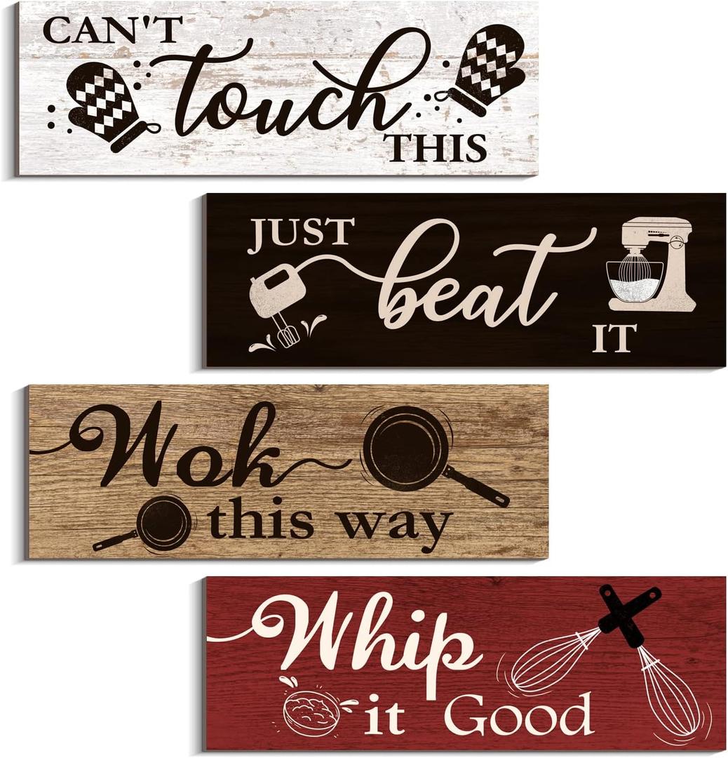 4 Pcs Kitchen Wall Decor Signs, Funny Wood Home Sign, Rustic Farmhouse Wall Hanging Art for Kitchen Dining Room Decoration (Retro Style-A, 4 x 11.8 inch x 4pcs)