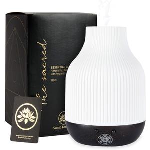 Essential Oil Diffuser Lamp, White Ceramic + Black Wood, Ultrasonic 180ml Whispersoft, 4 Timers | 5 Light Settings, Auto Shut Off, Home + Office, Humidifier Air Purifier Aromatherapy