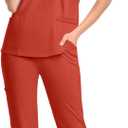 Scrubs for Women Set, V-Neck Top & Jogger Pants, 8 Pockets, Medical Uniform, Workwear for Nurses, Dentists & Pet Care (Small, Orange Red)