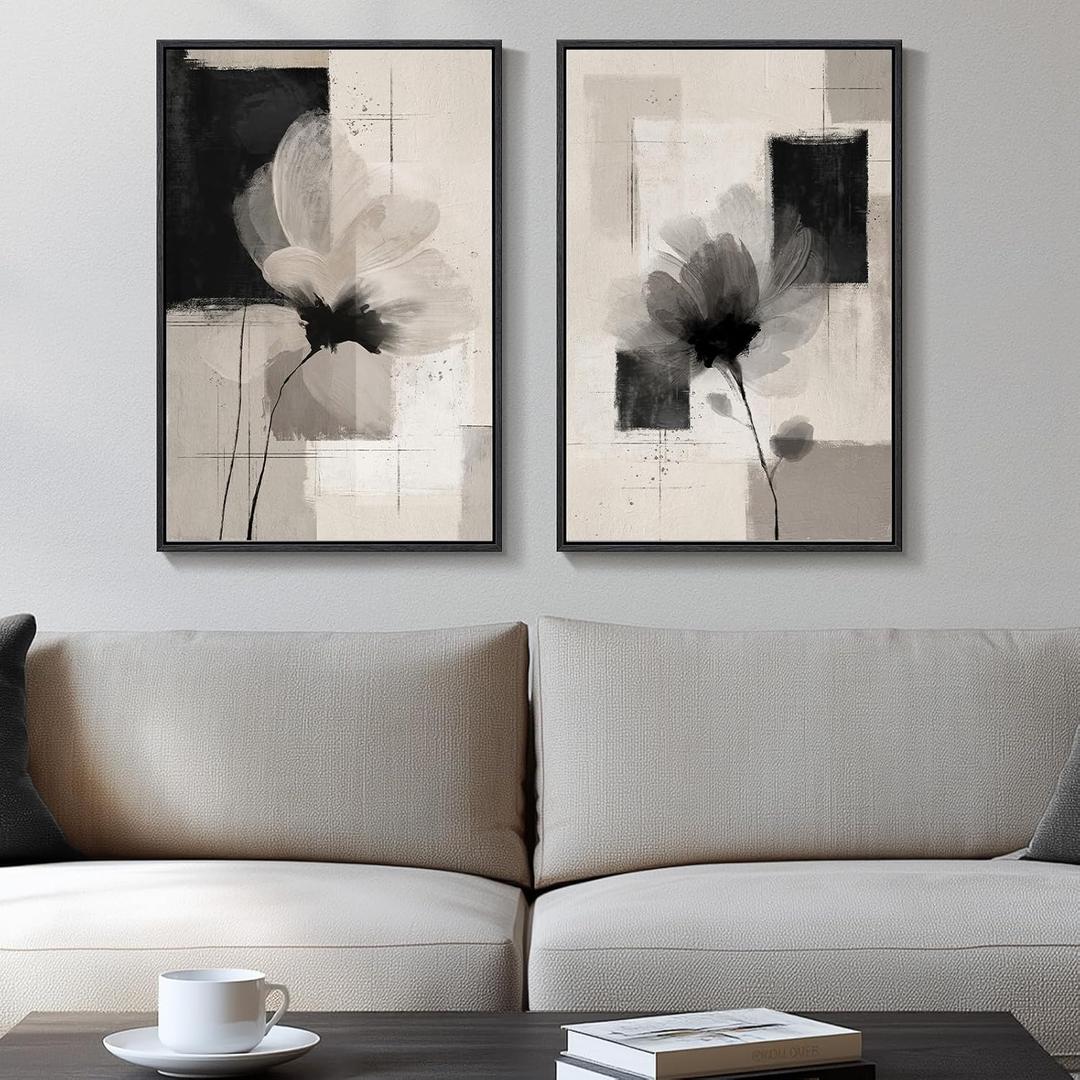 Framed Neutral Abstract Floral Wall Art for Bedroom, Set of 2 Black and Beige Minimalist Canvas Prints Paintings Artwork for Walls, Modern Elegant Pictures for Living Room Dining Room Wall Decor 16x24 In, 16" W X 24" H X 2pcs