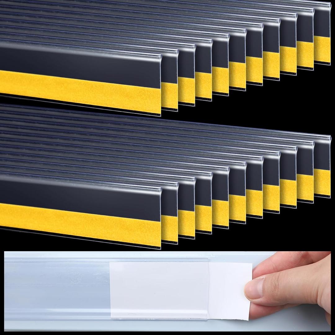 Fainne 100 Pcs 1.25 Inch Shelf Label Strip Holders Plastic Wire Shelf Price Tag Holder Self Adhesive Clear PVC Front and Back Labels Strip for Gondola Price Tag Wood Metal Rack, 48 Inches Long