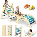 BlueWood Pikler Triangle Set 7in1 Foldable Baby Climbing Toys Wooden Montessori Climbing Set with Arch&Ramp&Ladder Baby Climber Indoor Jungle Gyms for Toddlers Montessori Toys- Sky Blue, beginner