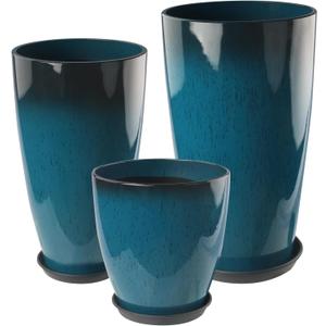 24-21-11 Inch Tall Planters Set of 3, Indoor Outdoor Blue Glossy Round Planter with Drainage Hole and Saucer, Large Decorative Plant Pots for Home Garden Porch (Blue)