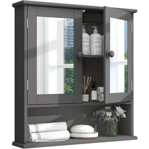 TaoHFE Grey Medicine Cabinet with Mirror, 2 Doors & 3 Open Shelves - Wall Mounted Wooden Storage Cabinet for Bathroom, Laundry or Kitchen