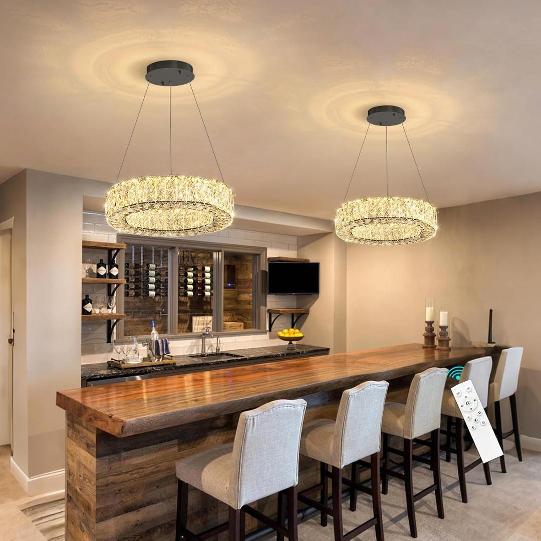 Modern Chandelier for Dining Room Dimmable LED Pendant Lights for Kitchen Island Lighting Black Ring Crystal Chandeliers for Bedroom Entrance Living Room, Ring 12"