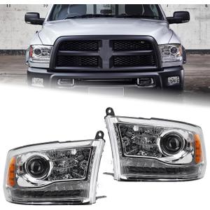 Duolctarms Factory Style 9PINS LED Chrome Housing Amber Reflector Headlight Headlamp Assembly Compatible for 2013-2018 Dodge Ram 1500 2500 3500 W/LED DRL and Bulbs Left & Right (Chorme)