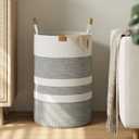 75L Striped Laundry Hamper with Leather Handles,Large Foldable Laundry Basket for Clothes,Cotton Rope Storage Bin for Blankets,Woven Clothes Basket for Bedroom,Gray Stripes (75L/19.8Gal, Grey&White)