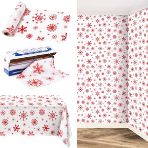 Kochorie 100 Ft x 54 Inch Red Snowflake Tablecloth Roll with Cutter Box Christmas Themed Snowflake Printed Cut to Size Table Cover Disposable Winter Backdrop for Frozen Birthday Party Supplies