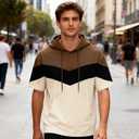 Mens Short Sleeve Hoodie Soft Cotton Color Block T-Shirt Pullover Big Pocket Half Sleeve Summer Sweatshirt XXL