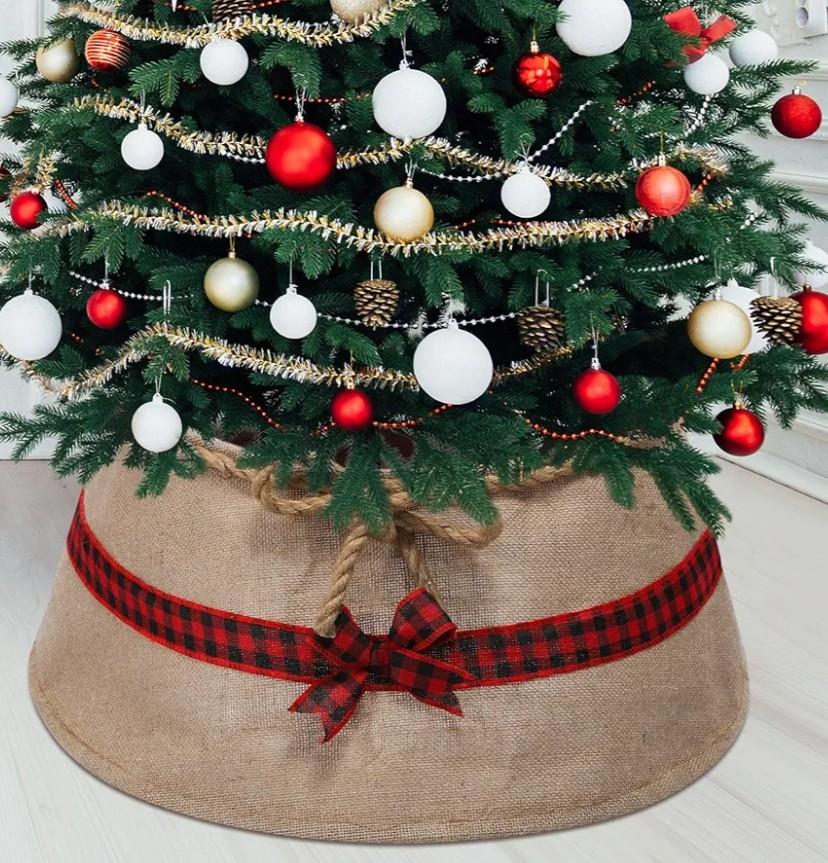 Outus Farmhouse Burlap Christmas Tree Collar Rustic Christmas Tree Ring Easy Set Up for Holiday Xmas Decor(Ribbons)