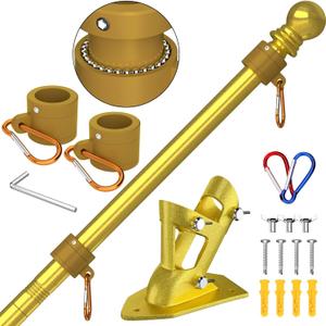 ZMTECH Flag Pole - Upgraded Bracket, 6 FT Stainless Steel Flag Poles for Outside House, Residential or Commerical, Tangle Free Flag Pole Kit for American Flag (Without Flag, Gold)
