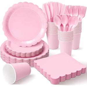Vyntra 350 PCS Party Plates and Napkins, Disposable Paper Plates Set with 7'' Dessert and 9'' Dinner Plates for Baby Girl Shower, Birthday, Valentines Day - Light Pink