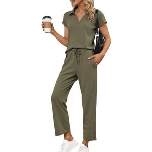 Glamaker Womens 2 Piece Summer Outfit Lounge Set Cap Sleeve Polo Top And Pant Set Tracksuit Travel Matching Outfit 2025 (X-Large, Army Green)
