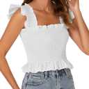 Rooscier Women's Summer Tops Square Neck Smocked Ruffle Cap Sleeve Peplum Blouse Casual Flowy Shirt for Women Plain White X-Large (White, XL)