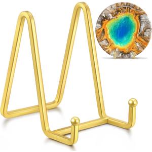 IPAME Metal Square Wire Plate Stands for Display - 4.5 Inch Holder + Picture Frame Stand Easel for Book, Decorative Plate, Plaque, Photo, Platter (Gold 2 Pack)