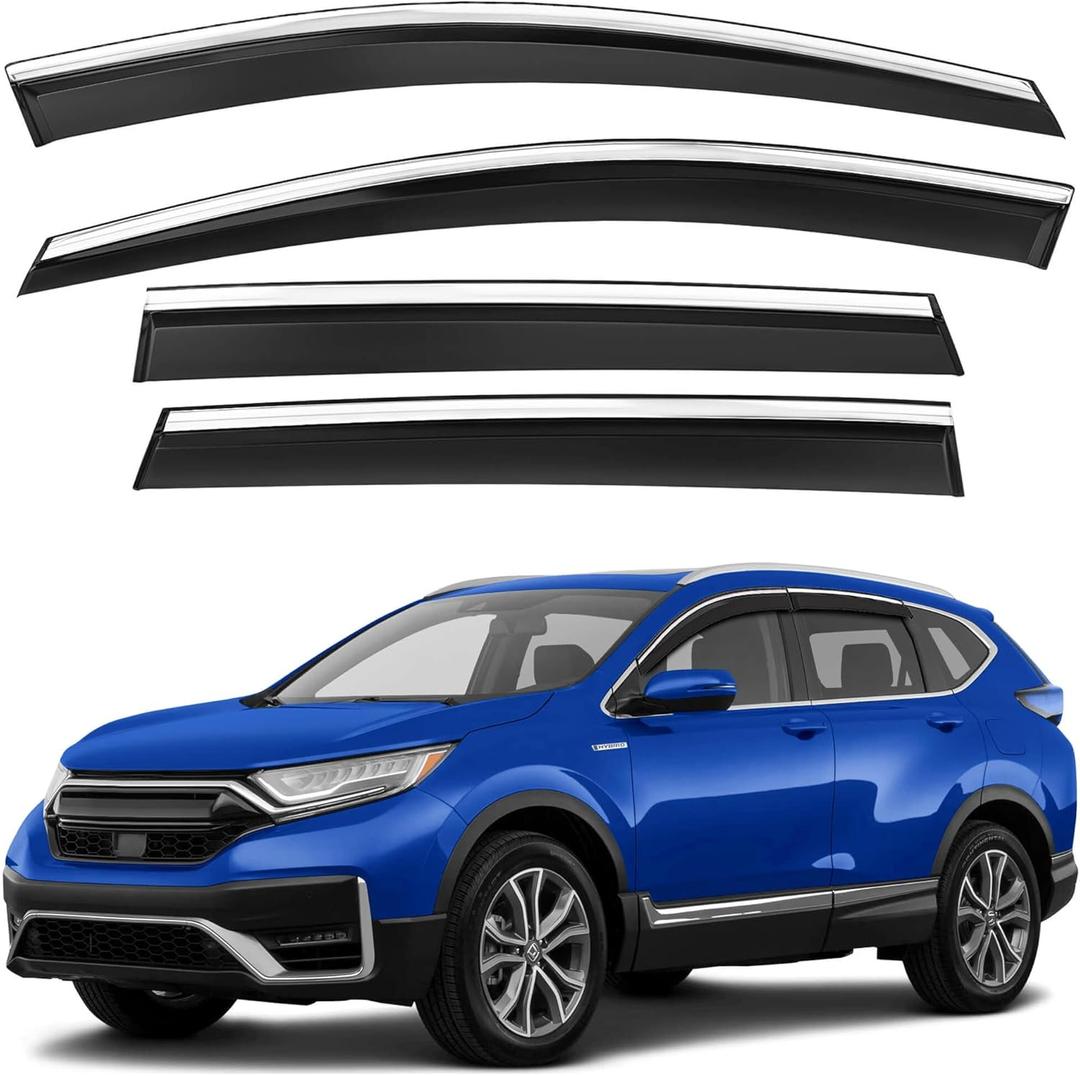 Shatterproof Tape-On Rain Guards for Honda CR-V 2017-2022 with Stainless Steel Chrome Trim, Out-Channel Window Deflectors Vent Window Visors Rain Sun Wind Guards Shade Deflectors, 4 pcs