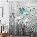 Xguatan Rustic Farmhouse Teal Floral Shower Curtain, Farm Teal Daisy Flowers and Butterfly Shower Curtain for Bathroom, Country Turquoise Gray Fabric Boho Shower Curtain Set with 12PCS Hooks, 70X70IN