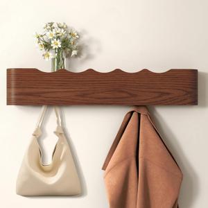 Wall Mounted Coat Rack with Shelf, Wooden Entryway Organizer with Hidden Metal Hooks for Hanging Coats Bags Keys, Modern Floating Shelf for Hallway Bathroom